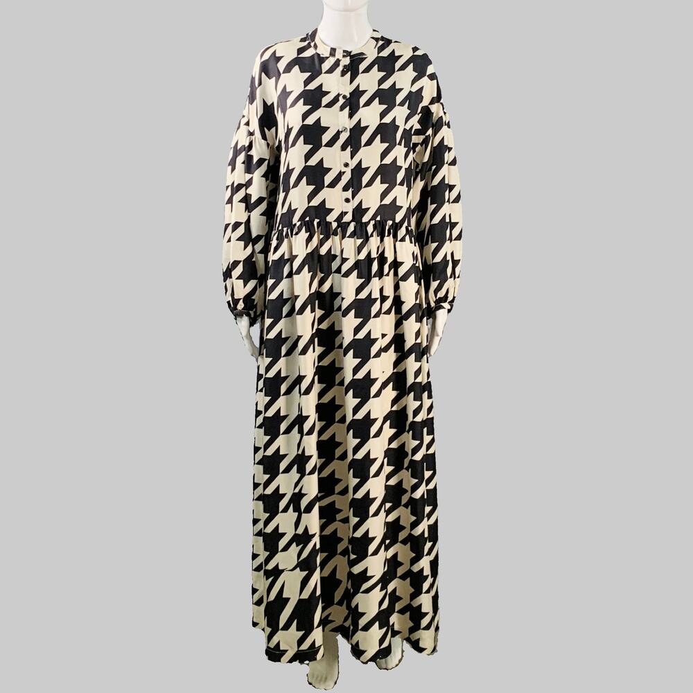 CREATURES of COMFORT Black Beige Silk Twill Houndstooth Collarless A-Line Dress